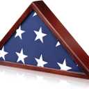 Flag Display Case for 5x9.5 ft American Veteran Burial Flag, Mahogany Wooden Frame Case Set, Triangle Solid Shadow Box with Wall Mount Acrylic Front