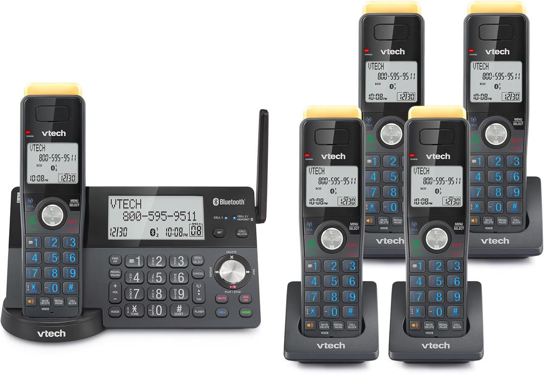 VTech IS8128-51 Super Long Range 5-Handset DECT 6.0 Cordless Phone for Home with Answering Machine, 2300 ft Range, Call Blocking, Bluetooth Connect to Cell, Intercom