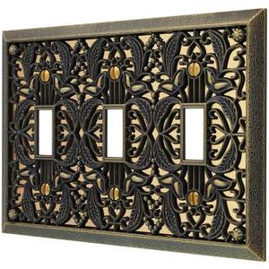 Amerelle Filigree Triple Toggle Cast Metal Wallplate in Antique Brass