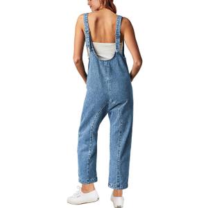 GREAIDEA High Roller Denim Jumpsuits for Women Casual Sleeveless Loose Baggy Overalls Jeans Pants Jumpers with Pockets (L)