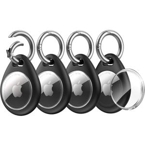 UNBREAKcable Holder for Apple AirTag [Fit Tightly Design] [Easy to Install] [Hold Air Tag Securely] Waterproof TPU Shell Case with All Metal Keychain Key Ring Clip, 4 Pack, Black