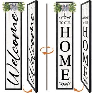 Welcome to Our Home Sign for Front Porch - 45"X9" Farmhouse Double-Sided Wooden Vertical Welcome Sign with Flowers Decor, Tall Outdoor Patio Garden Decor