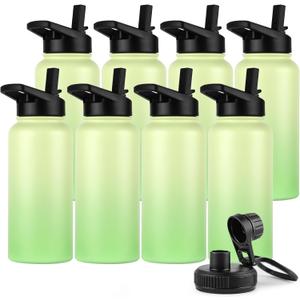 DOMICARE 32 oz Insulated Water Bottle Bulk, Vacuum Insulated Stainless Steel Sports Water Bottle with Straw Lid & Spout Lid, Leakproof, Reusable - Travel, Camping, Bike, Green Gradient (8 Pack)