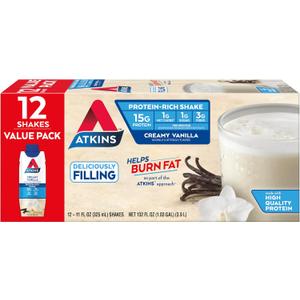 Atkins Creamy Vanilla High Protein Shake, 15g Protein, Low Glycemic, Low Carb and Low Sugar Shakes, Keto Friendly, 12 Vanilla Flavored Protein Shakes (EXP 07/17/26)