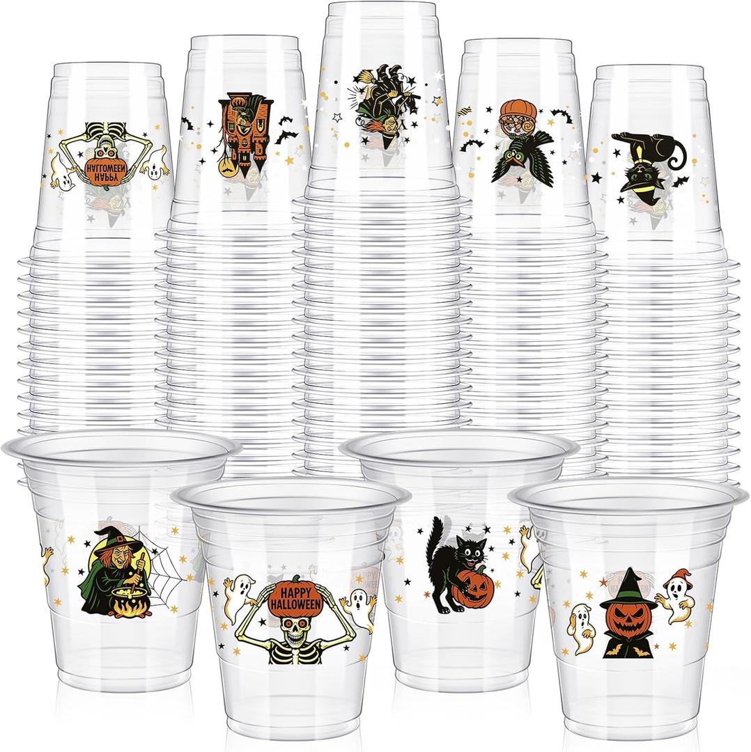 Eaasty 100 Pcs 12 oz Vintage Halloween Disposable Plastic Cups Retro Witch Cat Pumpkin Ghost Owl Skeleton Cups for Beverage Ice Cream Snacks Party Supplies Decoration