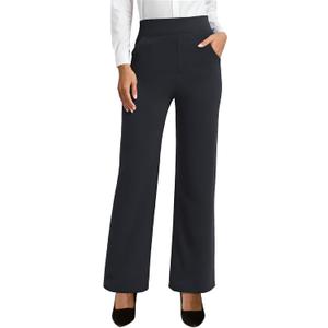 JEKAOYI Womens Dress Pants Straight Wide Leg Pull on Work Pants Business Office Slacks with Pockets (Large, Black)