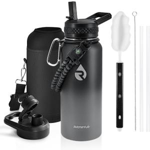 Insulated Water Bottle 32 oz, Triple Wall Vacuum Stainless Steel (Cold for 48 Hrs), Leak Proof & Non-BPA, Modern Water Flask Jug with Paracord Handle & Straw Spout Lids, Dark Grey