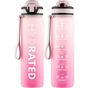 Water Bottle with Straw, 32oz Motivational Water Bottles with Time Marker to Drink, Tritan BPA Free, 1L Sports Water Bottle with Carry Strap LeakProof for Women Gym Fitness Outdoor (1 Pack) (Pink Gradient)