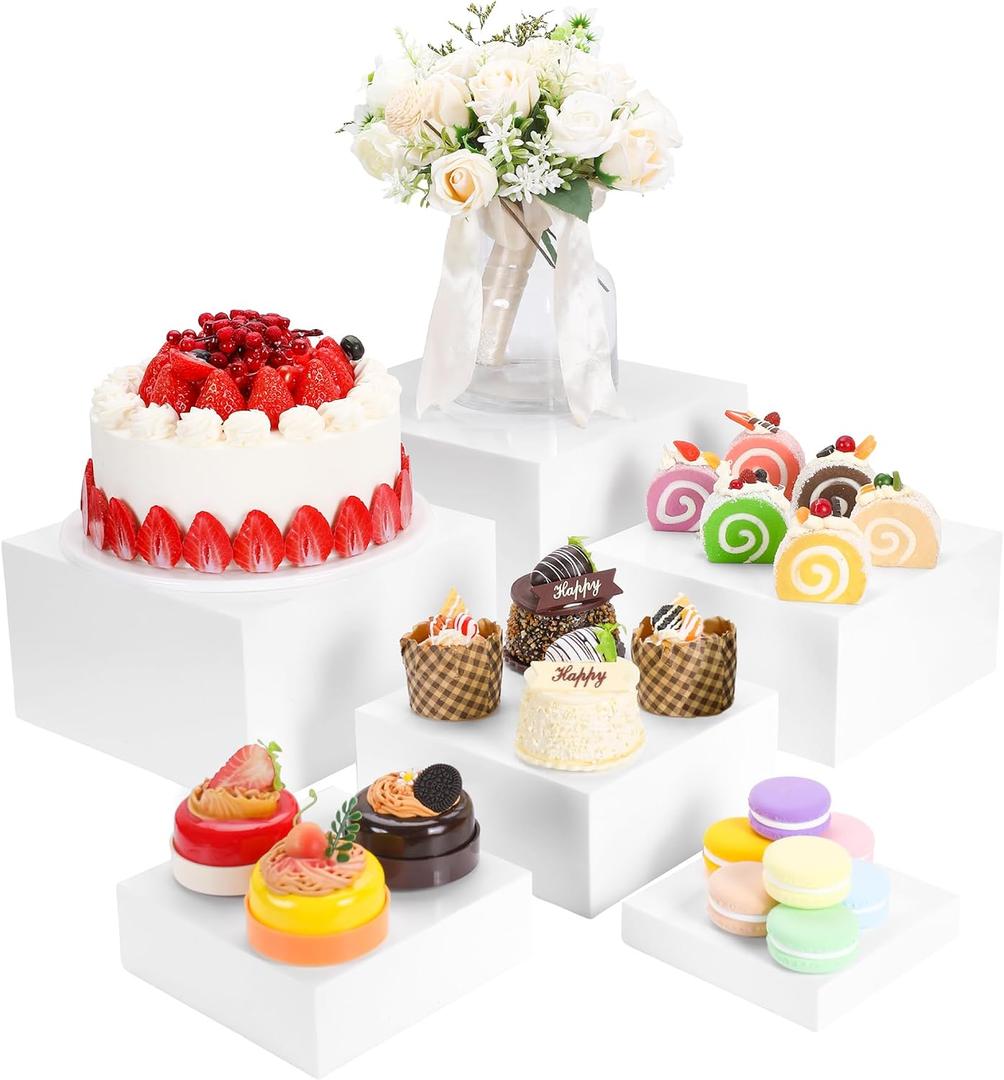 Acrylic Buffet Risers and Stands, Food Risers for Buffet Table, Food Display Stands for Party Catering Dessert Collectibles, White Acrylic Cube Nesting Boxes with Hollow Bottoms (White, 5IN-10IN)