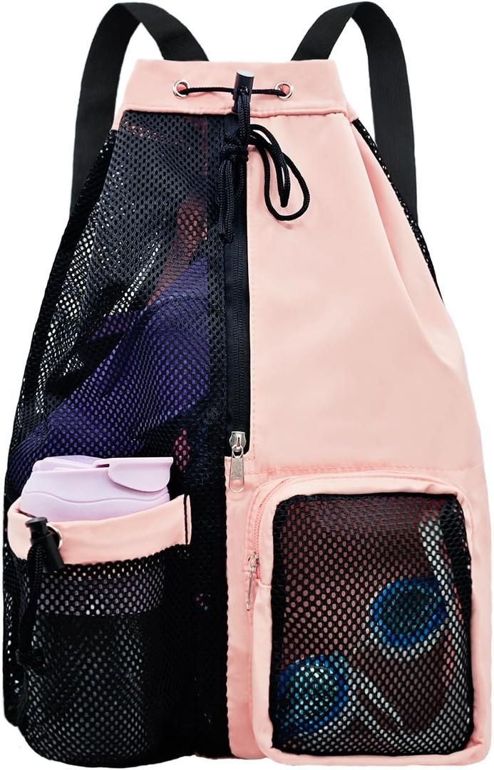 Mesh Beach Backpack with Wet Pocket Drawstring Pool Bag Waterproof Swimming Bag Gym Backpack for Men & Women (Pink)