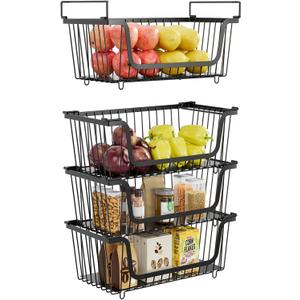 4 Pcs Stackable Wire Baskets for Pantry Organizers and Storage, Kitchen Storage Metal Baskets, Produce Potato Onion Storage Bin, Vegetable Fruit Basket for Countertop, Black