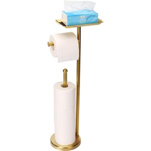 Toilet Paper Holder Stand for Bathroom Floor Freestanding Toilet Roll Dispenser Storages 4 Reserve Rolls, with Top Storage Shelf for Cell Phone (Brushed Gold)