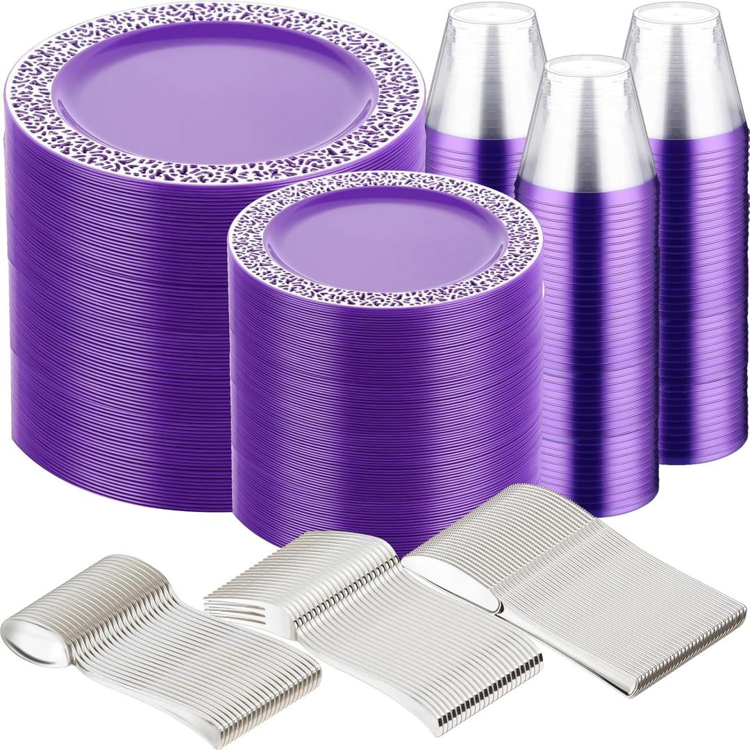 Suclain 600 Pcs Purple Plastic Plate Dinnerware Set for 100 Guests Including Purple Silver Rimmed Plates, Salad Plates, Silverware Set and Purple Rimmed Plastic Cups for Party Wedding Birthday