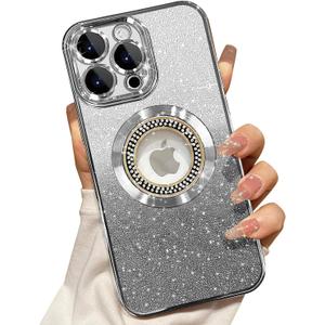 Misscase for iPhone 16 Pro Max Magnetic Glitter Case Compatible with MagSafe,Full Protection Slim Shockproof Anti-Scratch Case with Camera Lens Protector Logo View Dust-Proof Net for Women Silver