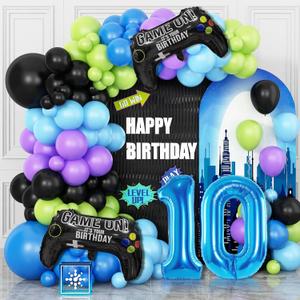 10th Birthday Video Game Balloons Arch Kit, 108pcs Blue, Light Black, Olive Green, Purple Balloons, Foil Balloons, Boys' Birthday Party Decoration