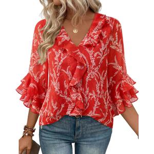 Gaharu Womens Dressy Casual Blouses 3/4 Sleeve V Neck Ruffle Tops Business Ladies Summer Fashion Work Shirt (XL)
