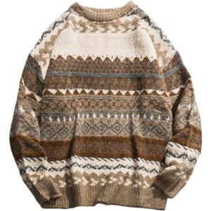Mens Grandpa Sweater Vintage Aesthetic Knit Striped Casual Long Sleeve Pullovers Y2k Grunge Streetwear (Large, Khaki)