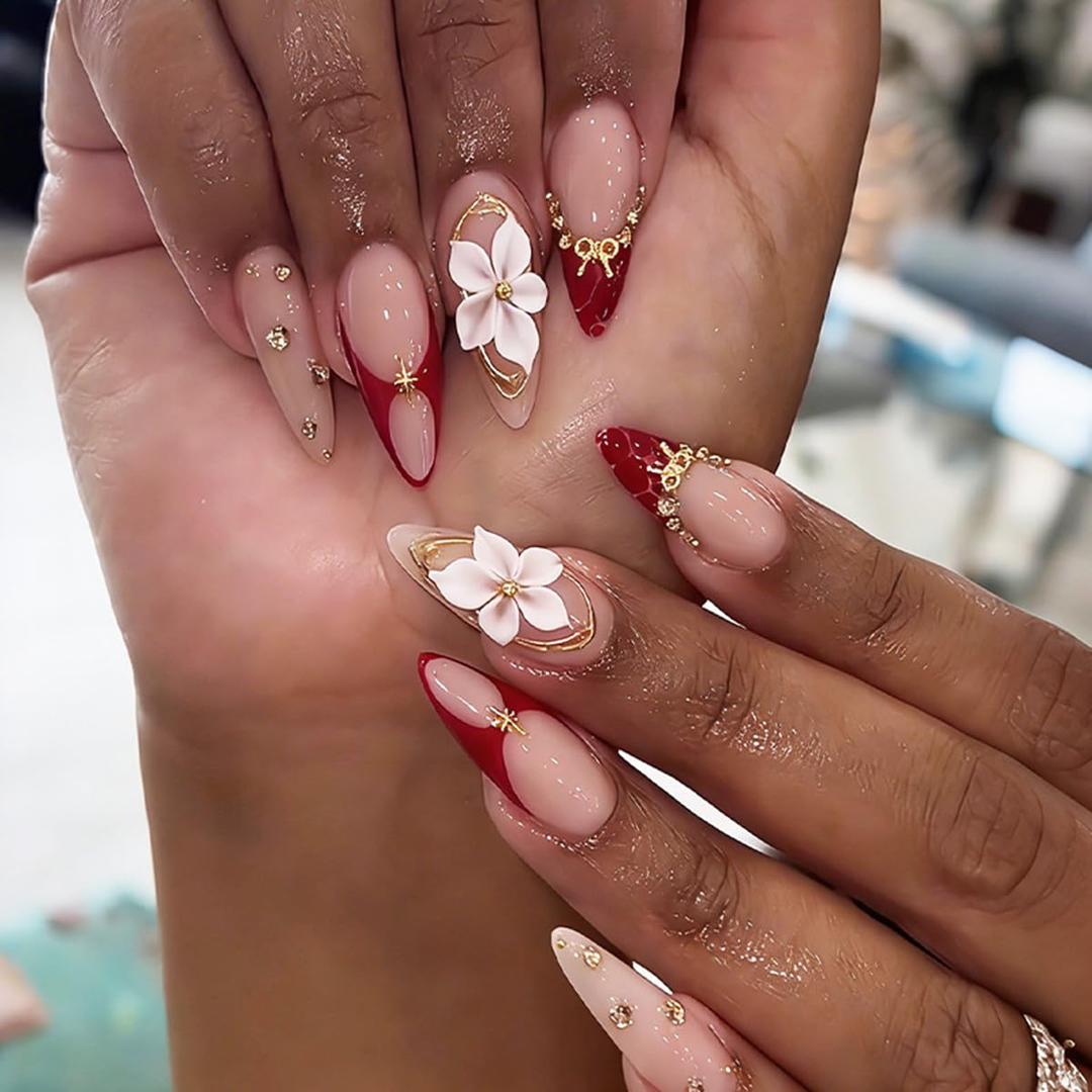 24 Pcs Red Pink French Tip Press on Nails Medium Almond WLGDLH Spring Fake Nails Press ons with Hot Foil Floral Rhinestones Design Reusable False Nail Full Cover Nude Stick on Nails for Women