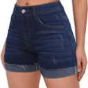 Jean Shorts Womens High Waisted Stretchy Slim Fit Distressed Denim Shorts (Blue, M)