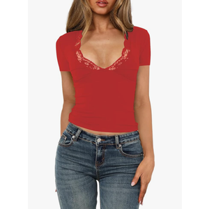 Women's Short Sleeve Sexy Lace V-Neck Summer Going Out 2025 Crop Tops Slim Fit Tees Trendy Y2k Clothing, L