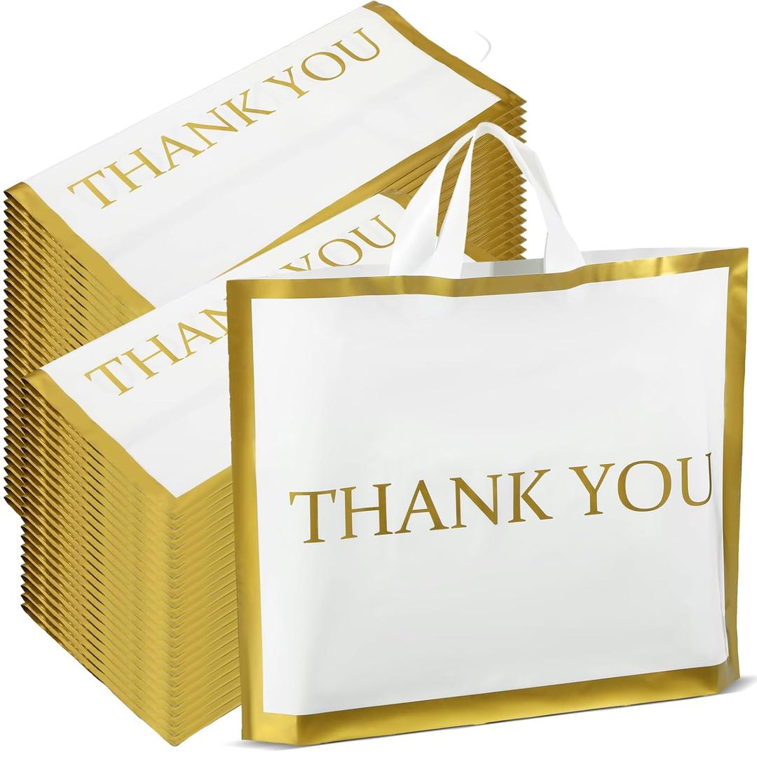 Sweetude 200 Pcs White Gold Thank You Plastic Shopping Bags with Handle 12 x 15 in Merchandise Boutique Bags for Small Business Gifts Stores