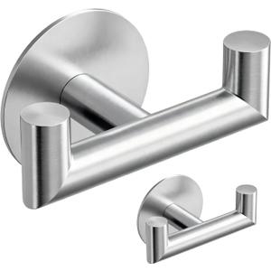 GWAAZXGZ 2 Pack Brushed Nickel Bathroom Hooks for Towels - Self Adhesive Double Hooks for Wall, No Drilling, Stainless Steel 304, Strong Hold for Robes, Coats, Shower Use