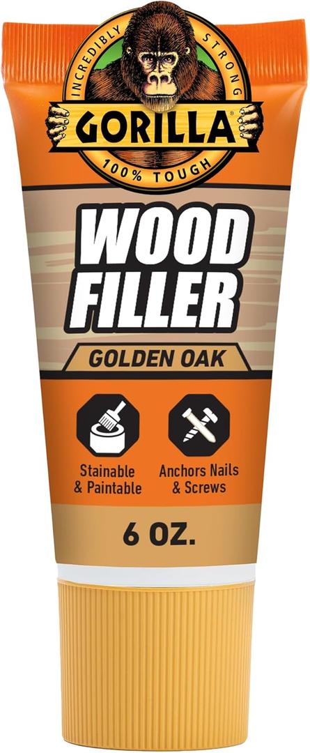 Gorilla All Purpose Wood Filler, Golden Oak Color, 6 Ounce Tube (Pack of 1) - Water Resistant for Indoor or Outdoor Projects and Repairs