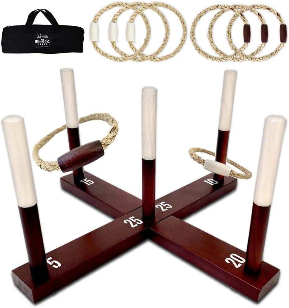 Swooc Games - Rustic Ring Toss Game (All Weather) - Easy Setup & Extra Games Included - Ring Toss Game for Adults - Outdoor Activities for Adults - Yard Toys for Kids - Backyard Fun - Outdoor Party
