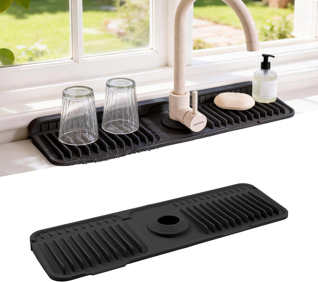ZJWZLG Faucet Mat for Kitchen Sink, 17.7"X5.5" Silicone Sink Splash Guard with Soap Holder, Snap-On Design & 7slope Fast Drain, Folding Sink Faucet Mat for Universal Kitchen Bathroom SinkBlack