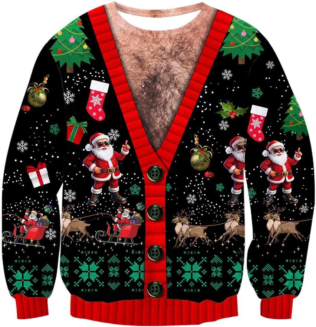 uideazone Mens Ugly Christmas Sweatshirts Funny 3D Graphic Long Sleeve Pullover Shirts (Large, Afake Chest)