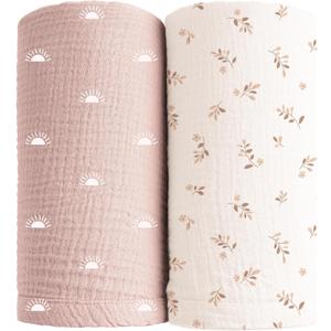 Konssy Muslin Swaddle Blankets for Girls Boys, 2 Pack Receiving Baby Blanket Large 47 x 47 inches, Soft Breathable Swaddling Wrap for Unisex Newborn (Pink Sun,Khaki Leaf)