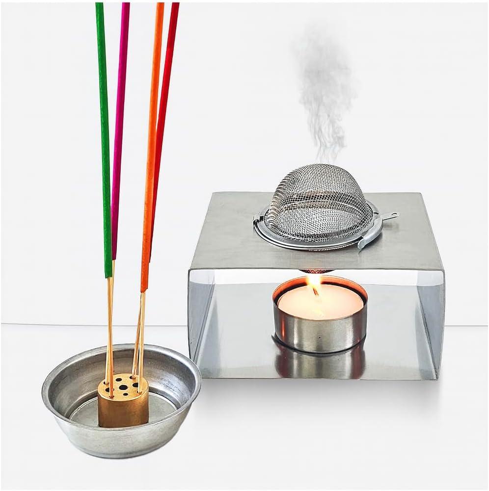 2 x CiLoN 4in1 Incense Holder, Frankincense Burner, Essential Oil Burner Aromatherapy Diffuser, Resin Burner, Esfand Burner with Tea Candle Warmer. Spiritual Gift for Yoga & Meditation Lovers. Silver