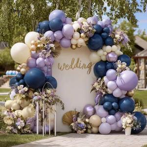 Navy Blue Purple Balloon Arch Double Stuffed, Dark Blue Pastel Lavender White Sand Ivory Balloon Garland Kit with Clear Bobo Metallic Lilac Latex for Baby Shower Wedding Birthday Valentine Party Decor