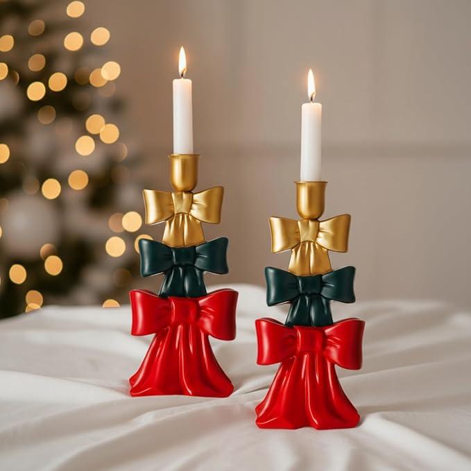 Mumufy 2 Pack 4x8inch Christmas Bow Candle Stick Holder Holiday Red Green Gold, Festive Table Decor for Holiday Party, Seasonal Centerpiece, Home Celebration, Christmas Supplies