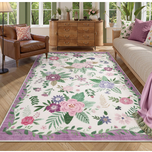 Lahome Pink Rugs for Bedroom 5x7 Feet, Scalloped Floral Border Area Rug for Bedroom, Non-Shedding Flirty Room Decor, Floor Mat for Living Room
