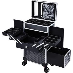 Adazzo Professional Makeup Artist Rolling Train Case Multi-functional Cosmetic Train Case Large Trolley Storage Case for Nail Technicians Cosmetology Case with Compartments for Hairstylist (Black)