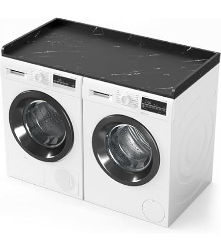 Aheaplus Washer and Dryer Countertop, Laundry Room Organization with Non-Slip Pads, Wood Shelf Topper with Round Corner Edge Rails, Folding Organizer for Laundry, 54" W x 27.5" D, Black Marble