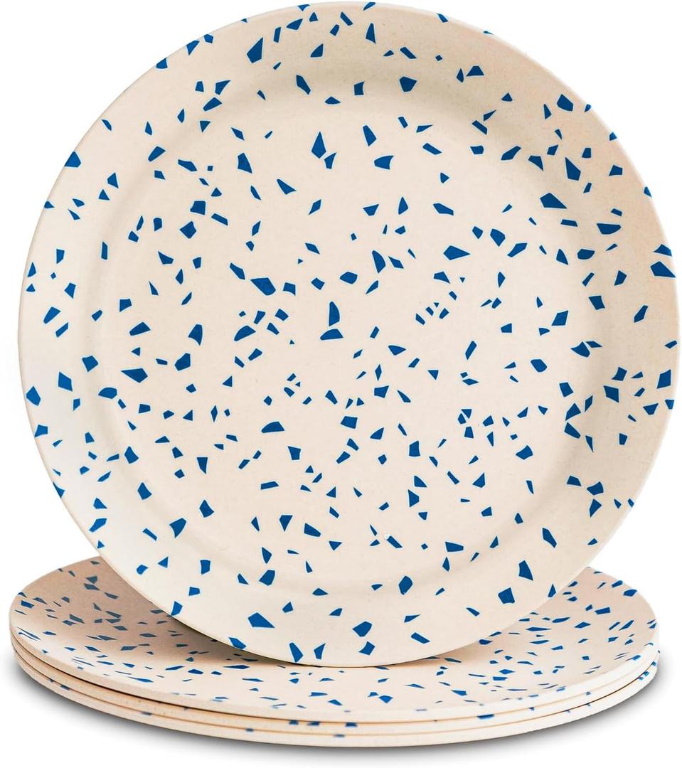 Nook Theory 4 Pack Reusable Bamboo Plates - Non-Toxic Toddler and Kids Plate, Dishwasher Safe, Not Microwavable Dinnerware (Terrablue 10")