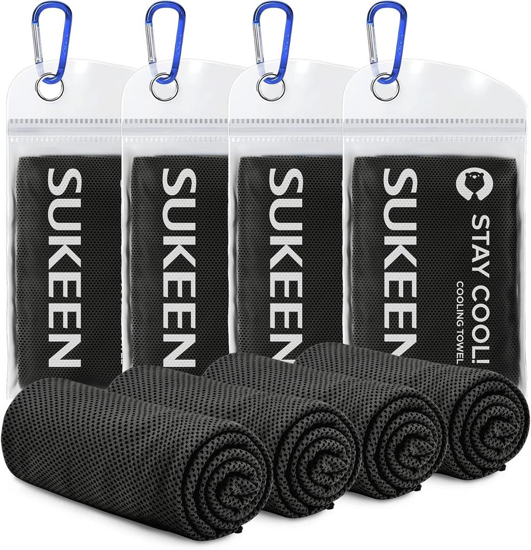 Sukeen [4 Pack Cooling Towel (40"x12"), Soft Breathable Chilly Microfiber Towel for Yoga,Sport,Running,Gym,Workout,Camping,Fitness,Workout & More Activities (Black)