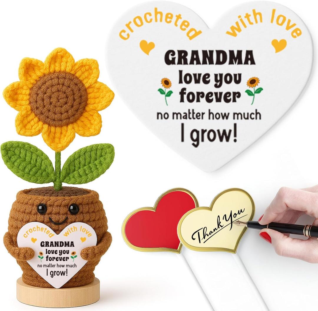Grandma Birthday Gifts, Mothers Day Grandmother Gifts from Granddaughter Grandson Grandchildren Grandkids, First Time New Grandma Gift, Nana Mimi Gigi Grammy Grandparents Day Gift Crochet Sunflower