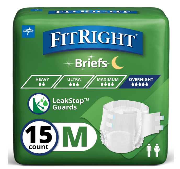 FitRight Extended Wear Overnight Adult Briefs with Tabs, Maximum Absorbency Adult Diapers, Medium (15 Count)