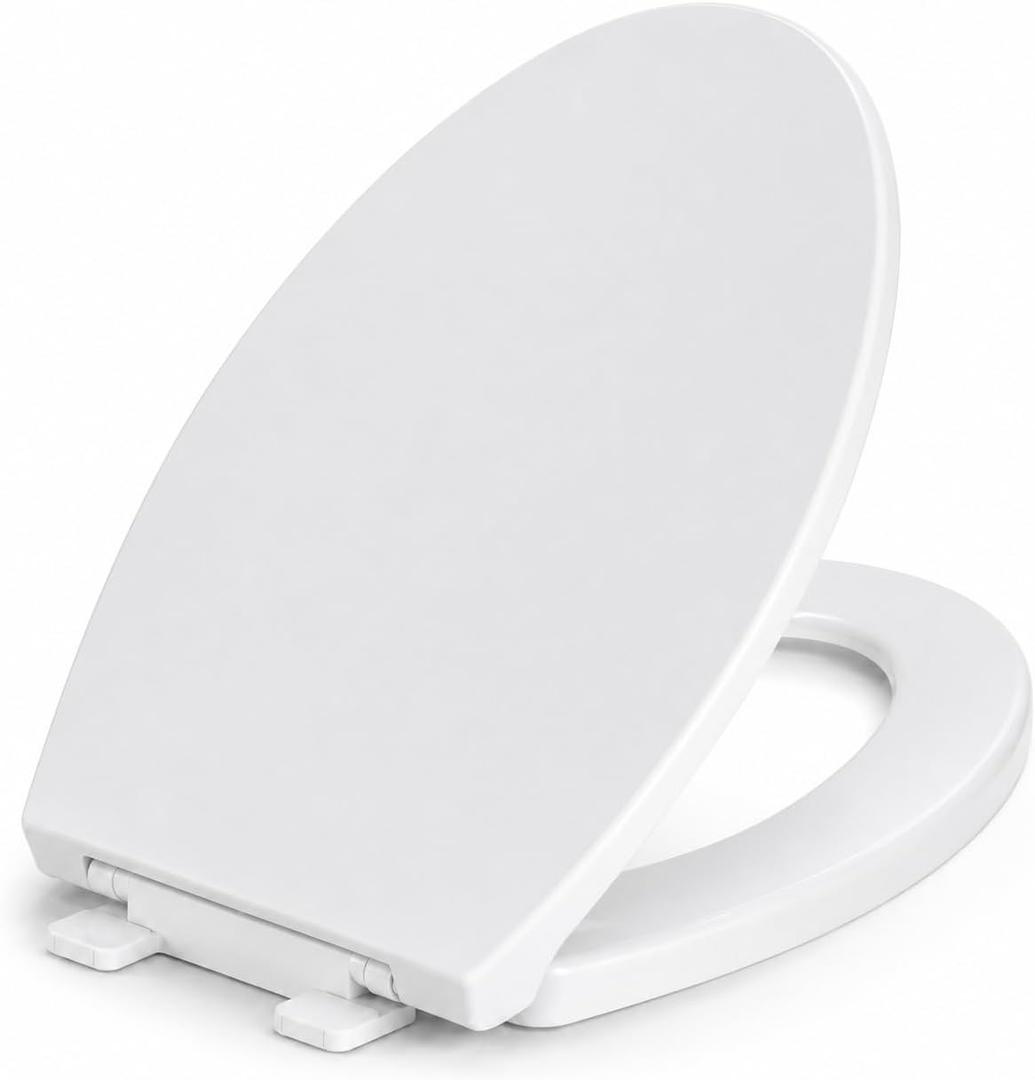 Elongated Toilet Seat, Quiet Slow Close, White Plastic, Comfortable Design
