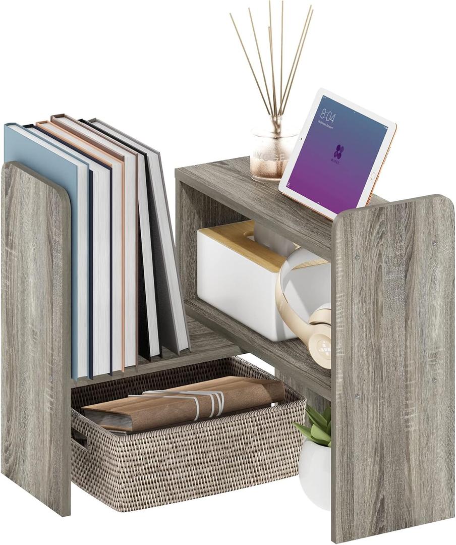 Furinno CLASSIC Desk Organizers and Hutch, Open Shelf Expandable Office Organization, Adjustable Desk Top Display Book Shelf, for Paper, Office Supplies, French Oak, 23.7-Inch
