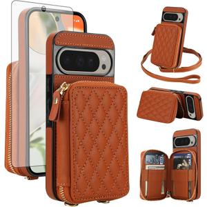 Asuwish Phone Case for Google Pixel 9/9 Pro/10/10 Pro 5G Wallet Cell Cover with Tempered Glass Screen Protector Crossbody Strap RFID Blocking Card Holder Pixel9 9Pro/Pixel10 10Pro Nine Ten Women Brown