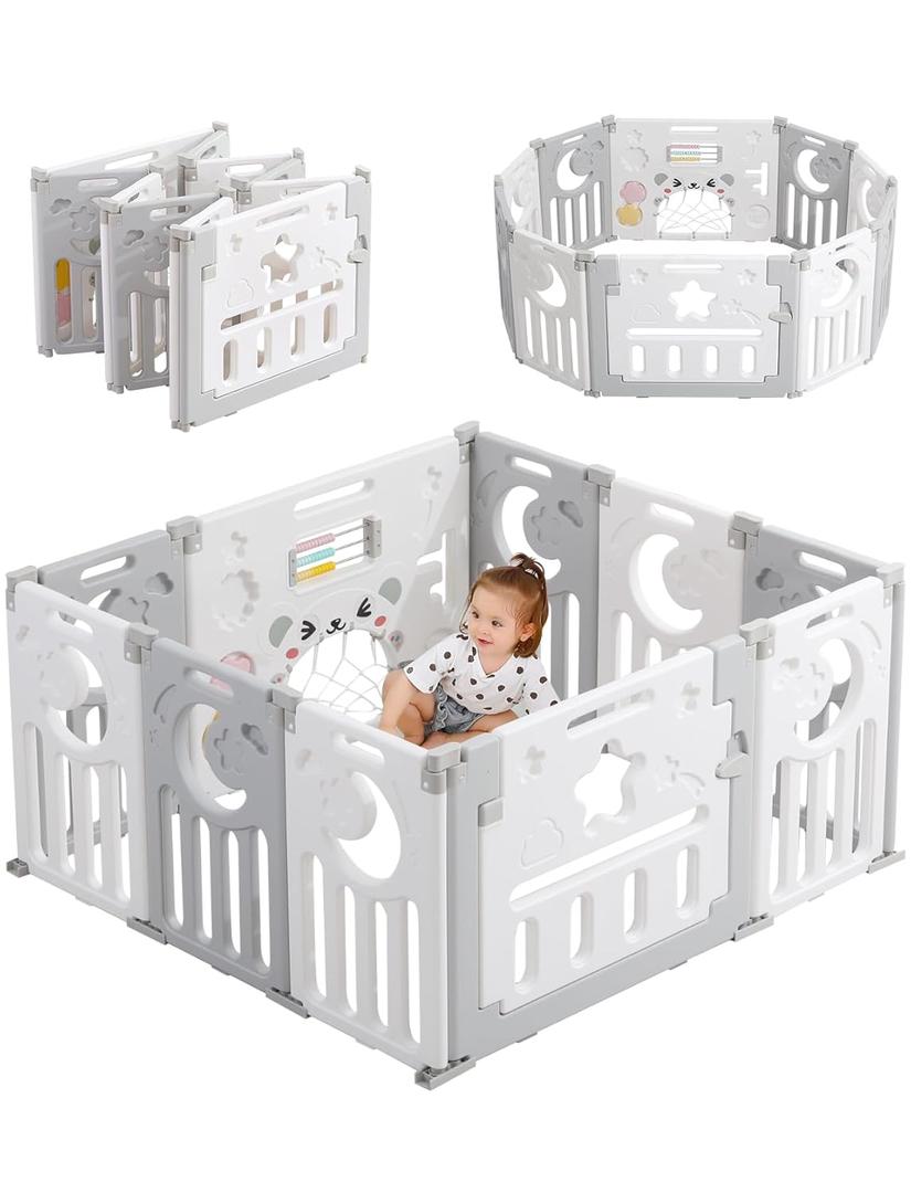 Baby Playpen, Dripex Foldable Playpen for Babies and Toddlers, Custom Shape Baby Fence, Safety Play Yard with Gate, Portable Play Area for Indoor or Outdoor, Grey White,10 Panel