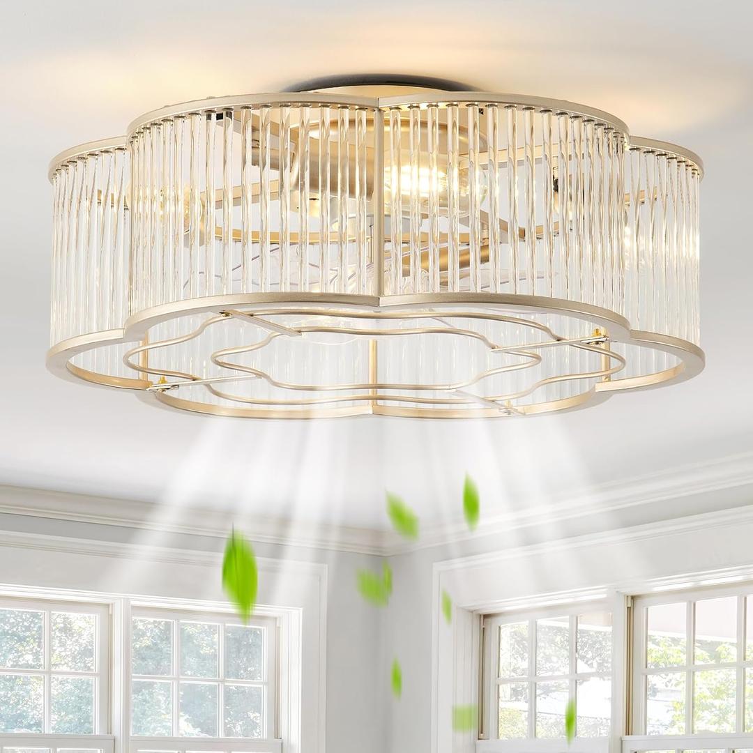 20" Gold Ceiling Fans with Lights Flush Mount, Gold Crystal Ceiling Fan with Light Remote Control, Mid-Century 6 Speeds for Bedroom, Living Room, Nursery (Clear)