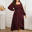 SCOMCHIC Women Plus Size Cocktail Dress Formal Long Sleeve Wedding Guest Smocked High Low Ruffle Dress with Belted (XL)