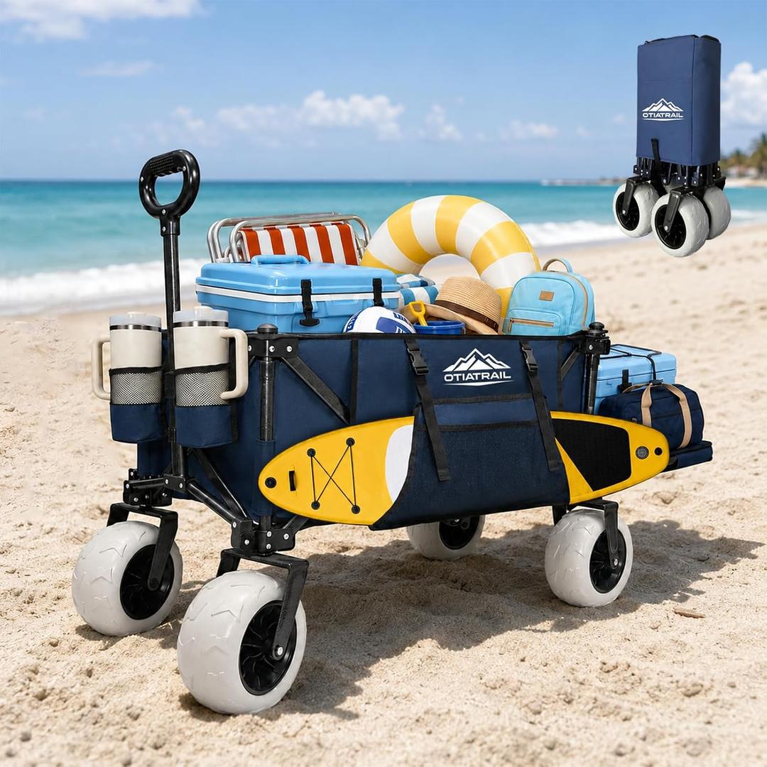 Beach Wagon, Big All-Terrain 9"x4" PU Wheels for Sand, 200L Large Capacity & 330lbs Heavy Duty, Collapsible Utility Wagon with Extended Tailgate for Beach Camping Outdoors