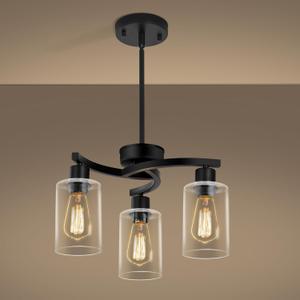 3-Light Modern Farmhouse Black Pendant Lights Kitchen Island, Adjustable Height Contemporary Chandeliers for Dining Room Light Fixture Hanging, Clear Glass Shade