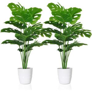 SAJANDAS Set of 2 Artificial Monstera Deliciosa Plants in Pots, Fake Tropical Palm Tree with Greenery Leaves Stems, 28 Inch Artificial Cheese Plant for Home Bathroom, Office, Windowsill Decor